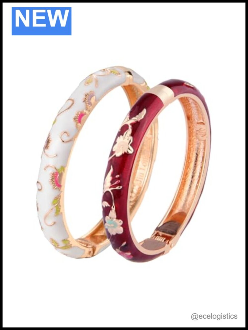 UJOY Enamel Cuff Bangle Set 2 Pc Spring Hinge Alloy Bracelets Gift Box